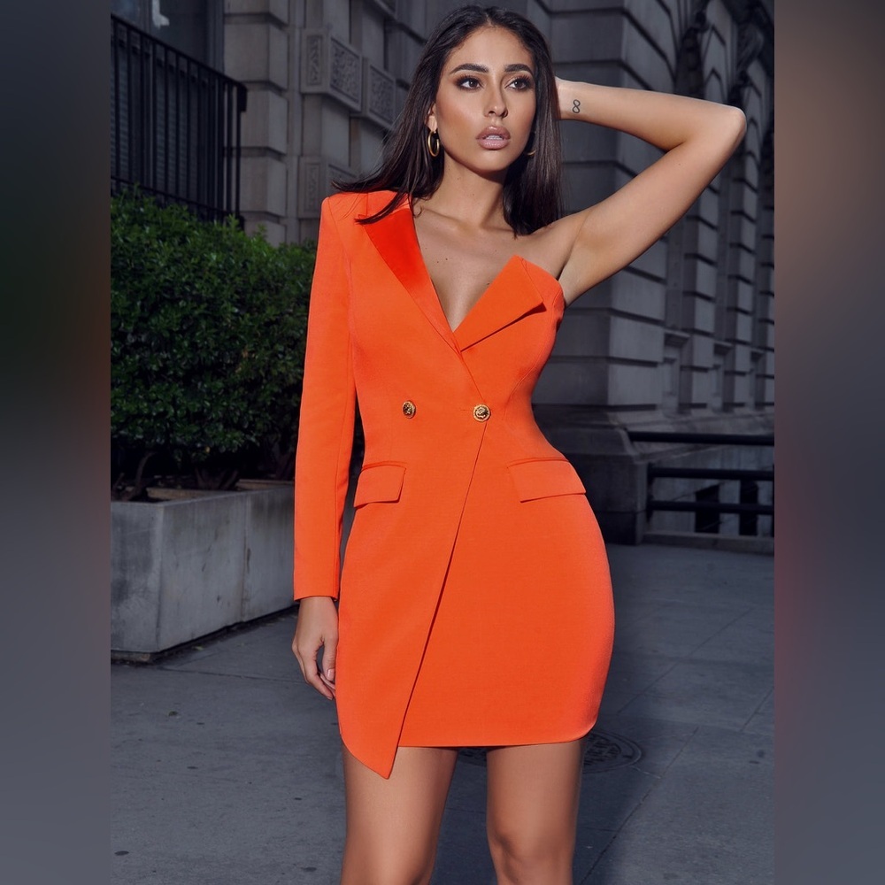 Miss Circle KEEP ONE UP ORANGE CREPE TUXEDO BLAZER DRESS